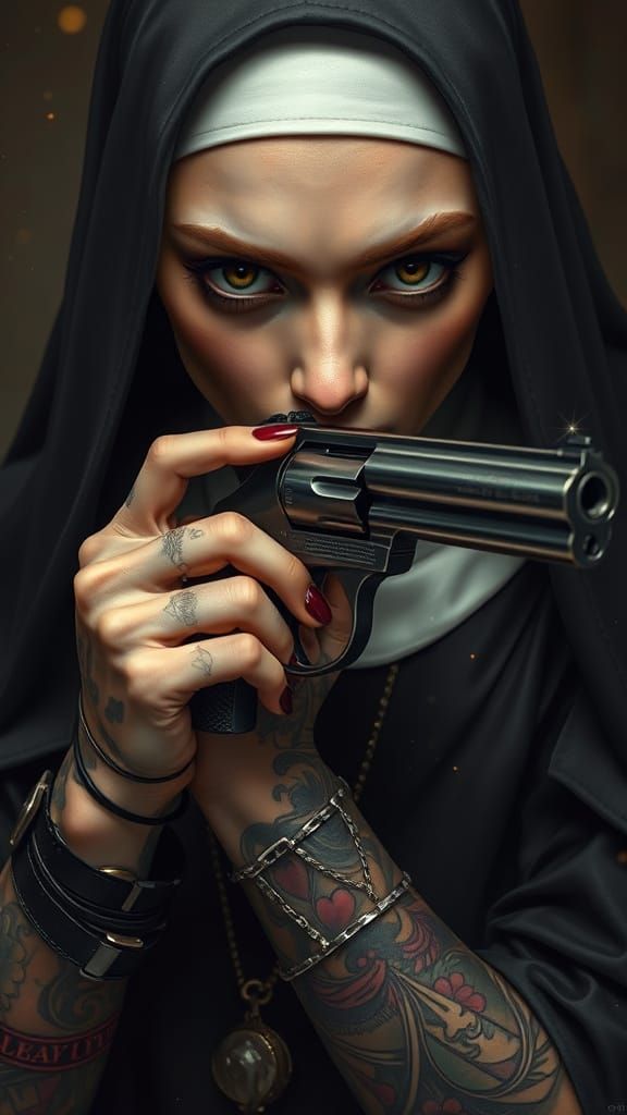 Goth Nun Kissing Revolver in Hyperdetailed Mystical Realism