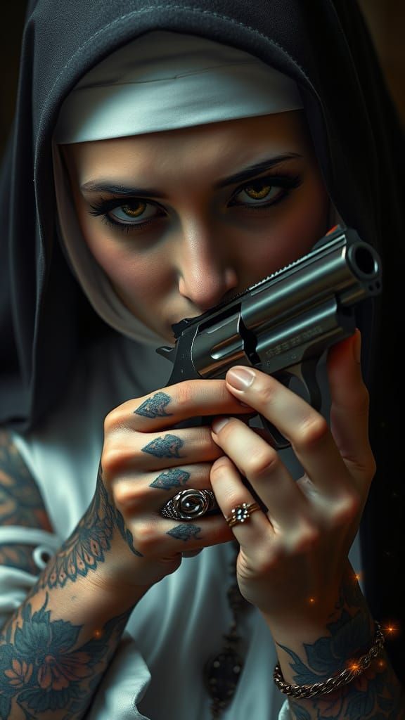Goth Nun Kissing Revolver in Photorealistic Style