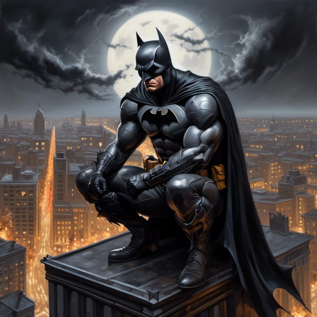 Batman on Skyscraper Rooftop in Hyperrealistic Style