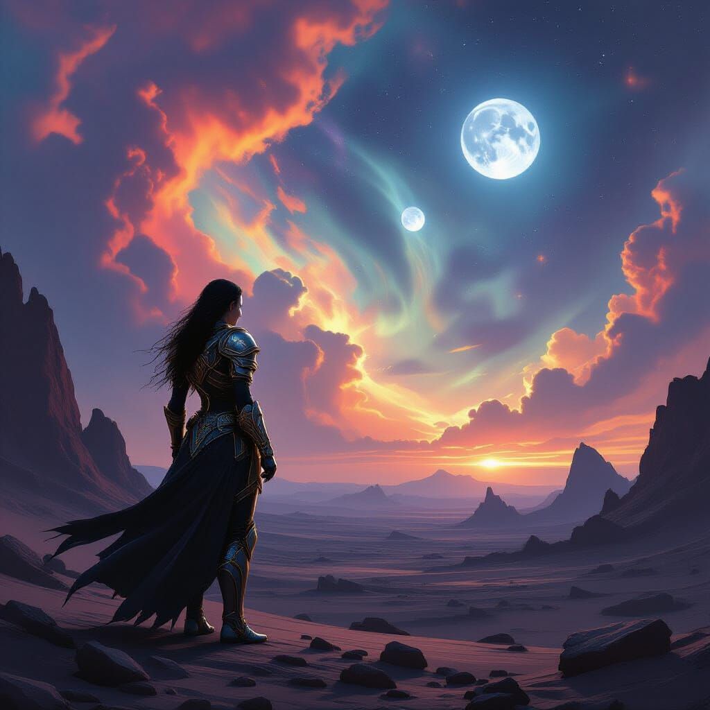 Alien Warrior Woman Against Cosmic Nebula