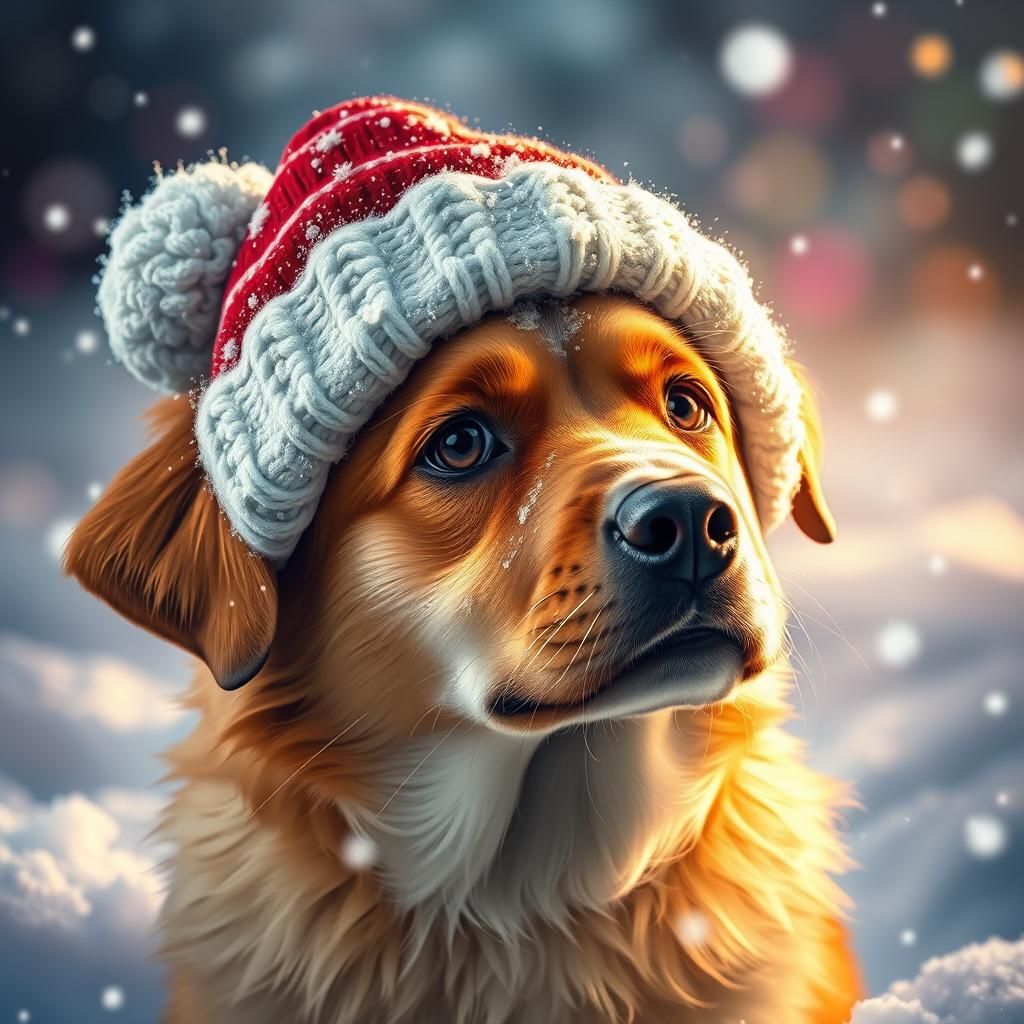 Adorable Dog with Christmas Beanie in Snow