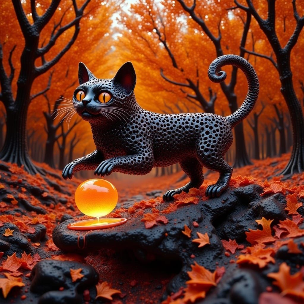 Black Cats Leap Through Autumn Leaves, Surreal Halloween Sty...