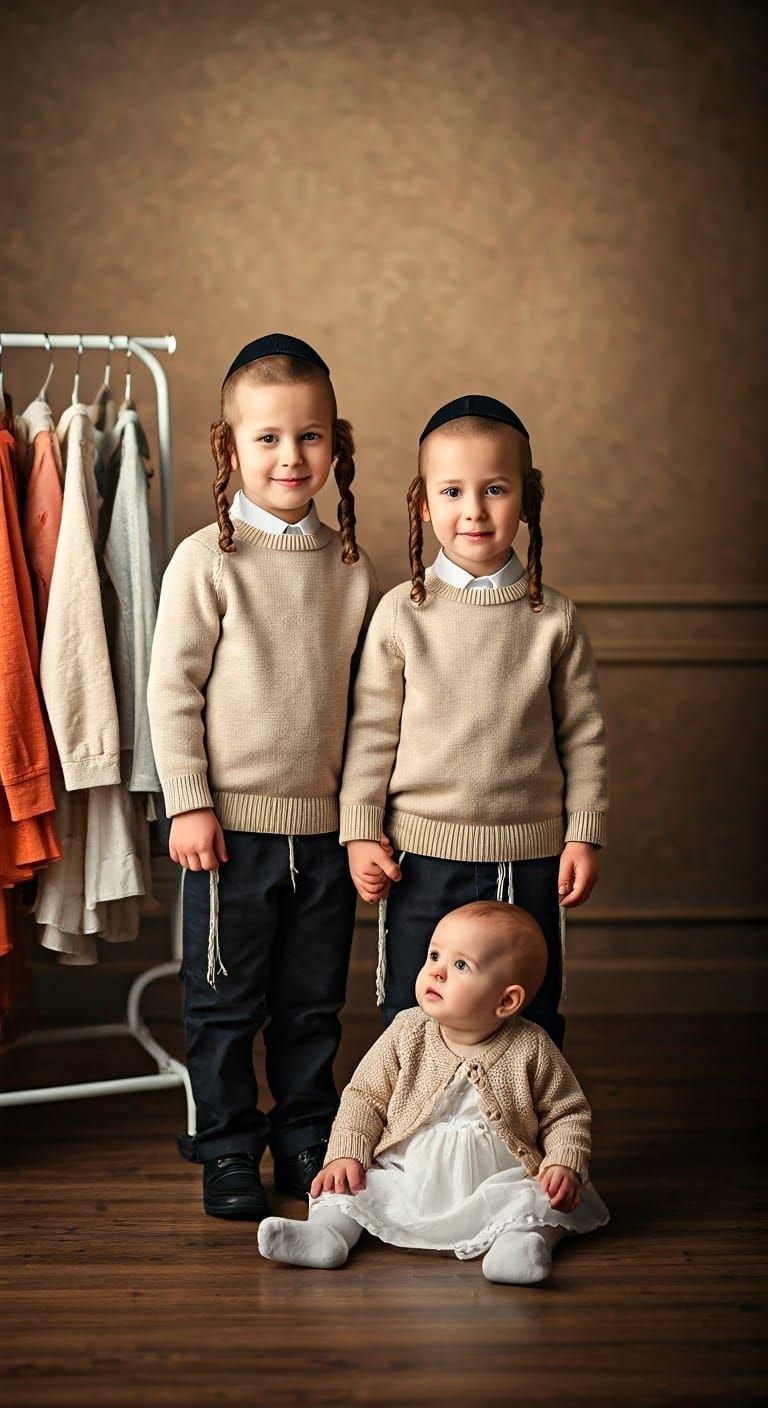 Hasidic Brothers and Sister in Autumnal Studio