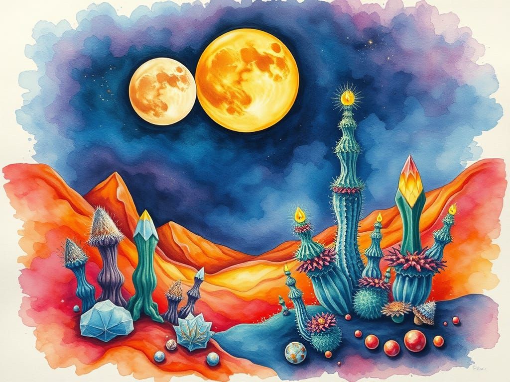 Psychedelic Sci-Fi Landscape with Twin Moons and Fractal Pla...