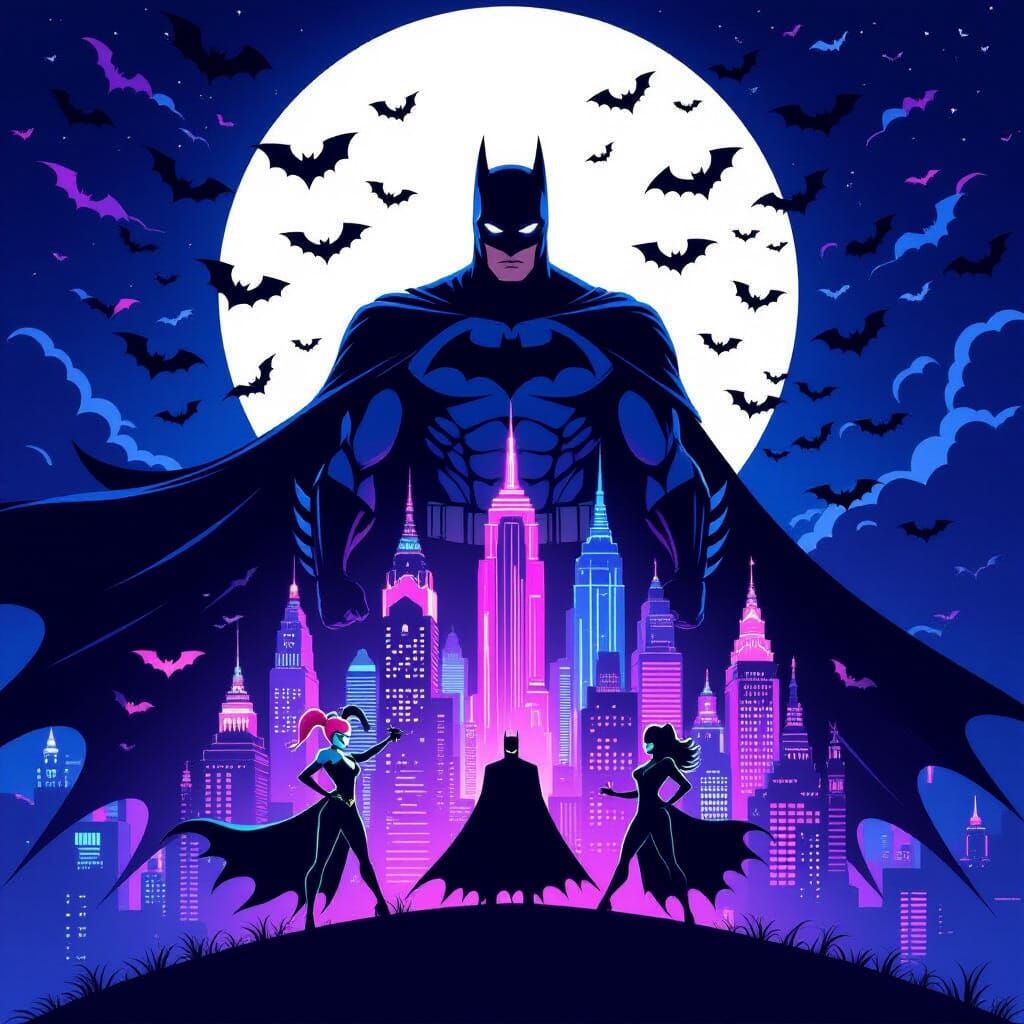 Batman Comic Poster With Gotham City and Villains