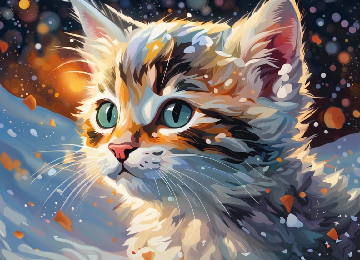 Kitten in Snow: Klimt-Inspired Hyperrealistic Portrait