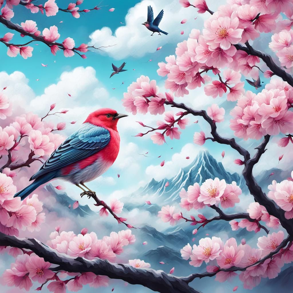 Magical Girl with Cherry Blossoms, Bird, and Tree