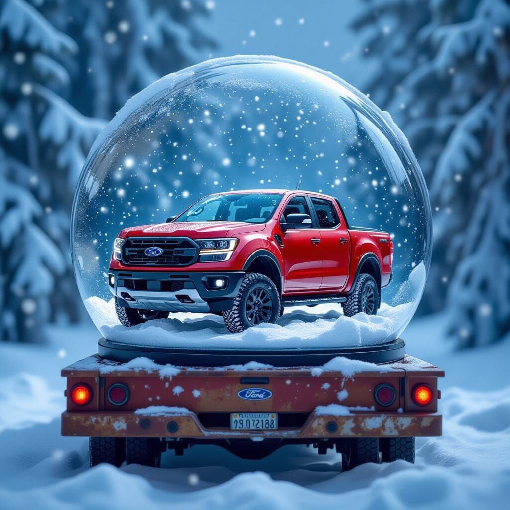 Red Ford Ranger in Snow Globe on Vintage Truck