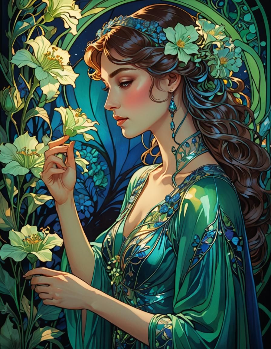 Woman and Fluorescent Flowers in Art Nouveau Style
