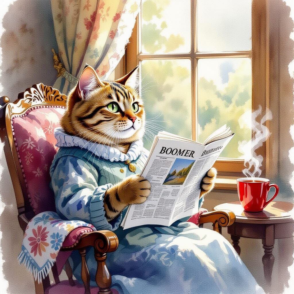 Cat Reading Newspaper by Window in Watercolor Style