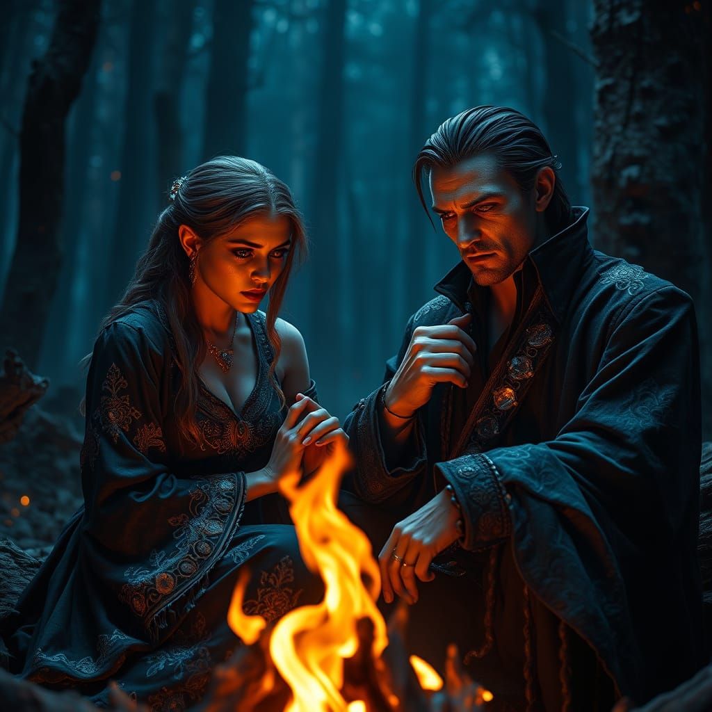 Intimate Moment Between Sorceress and Vampire by Firelight i...