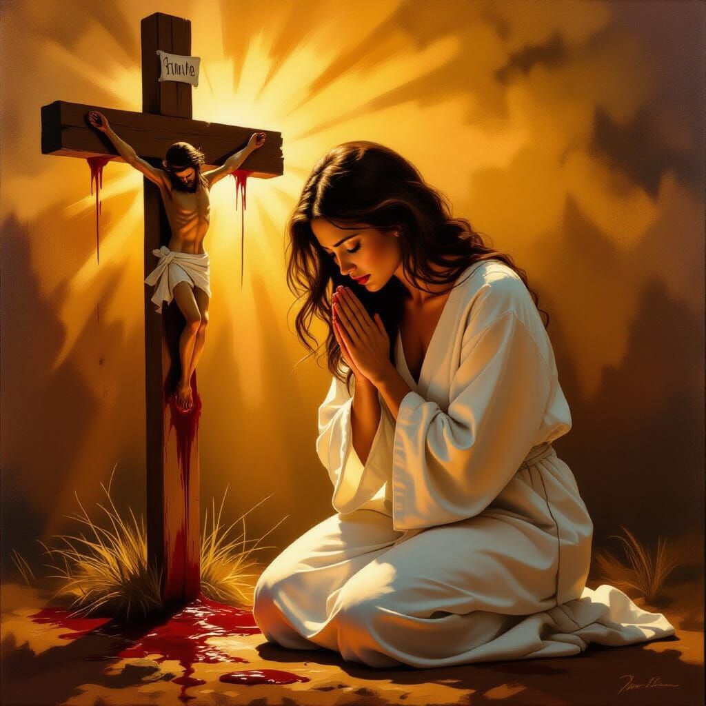 Woman in White Robe Kneeling at Cross in Golden Light