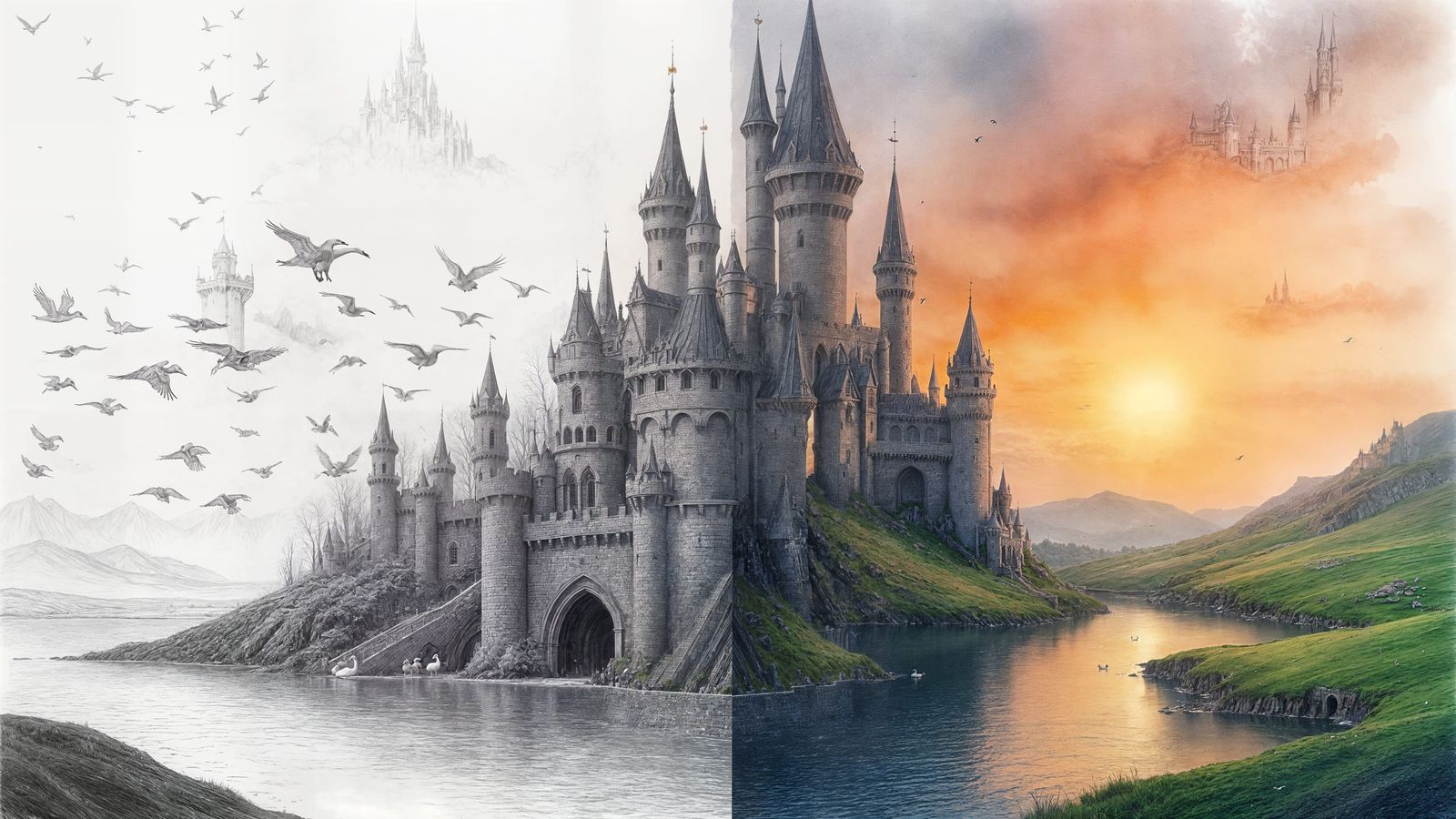 Fantasy Castle Transforms into Birds as Watercolor and Penci...