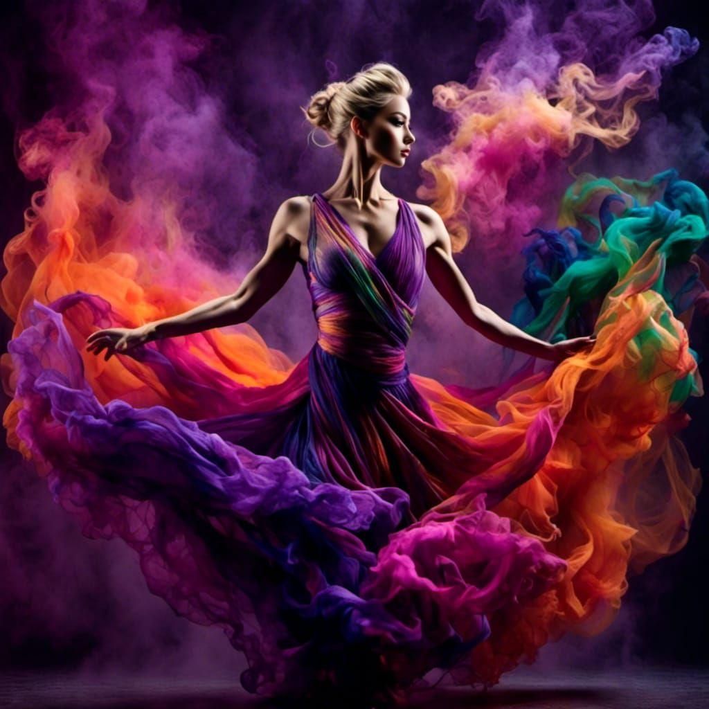 Ethereal Woman in Flowing Dress with Smoky Background