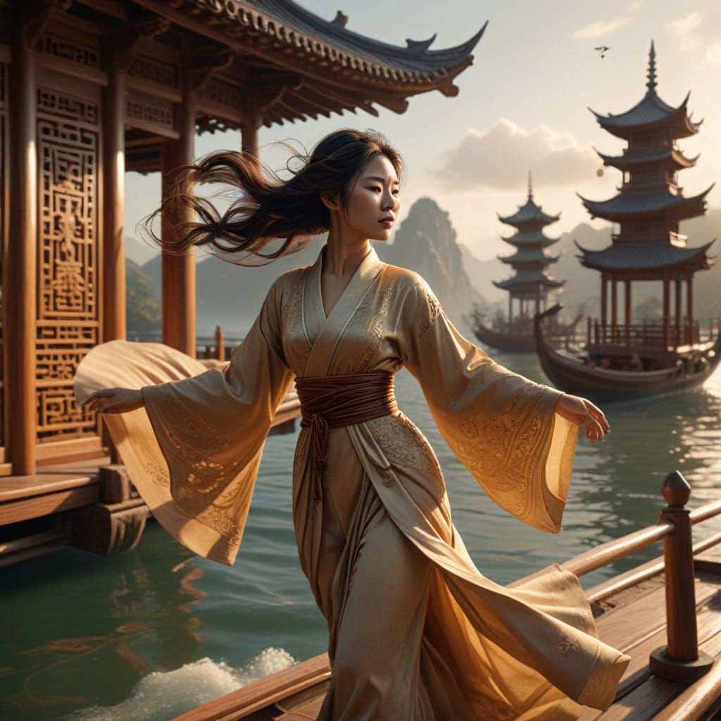 Asian Woman Gliding Through Air in Wood Carving Style