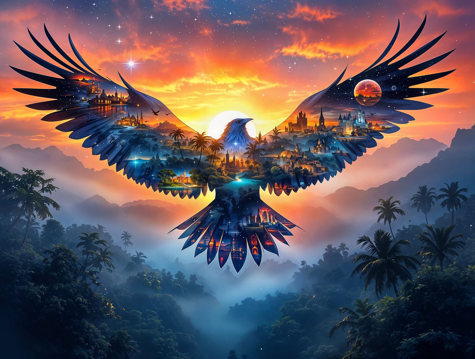 Raven with Double Exposure Wings Over Tropical Sunset