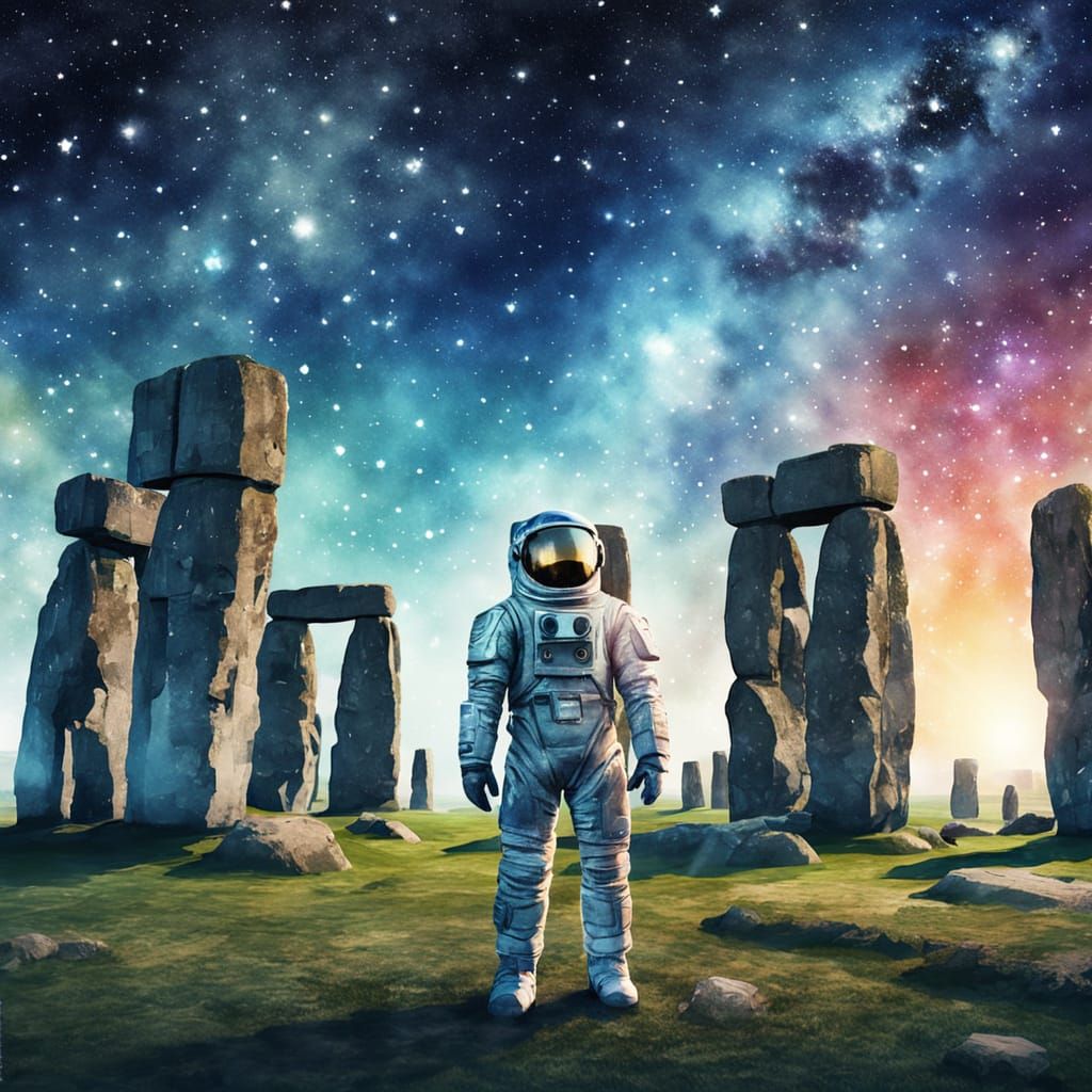 Spaceman at Stonehenge in Whimsical Watercolor Style