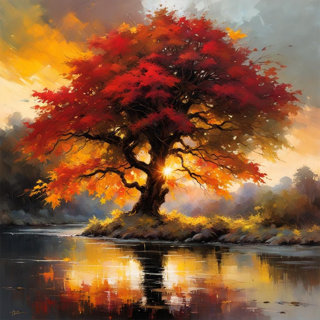Maple Tree at Sunset: A Matte Painting