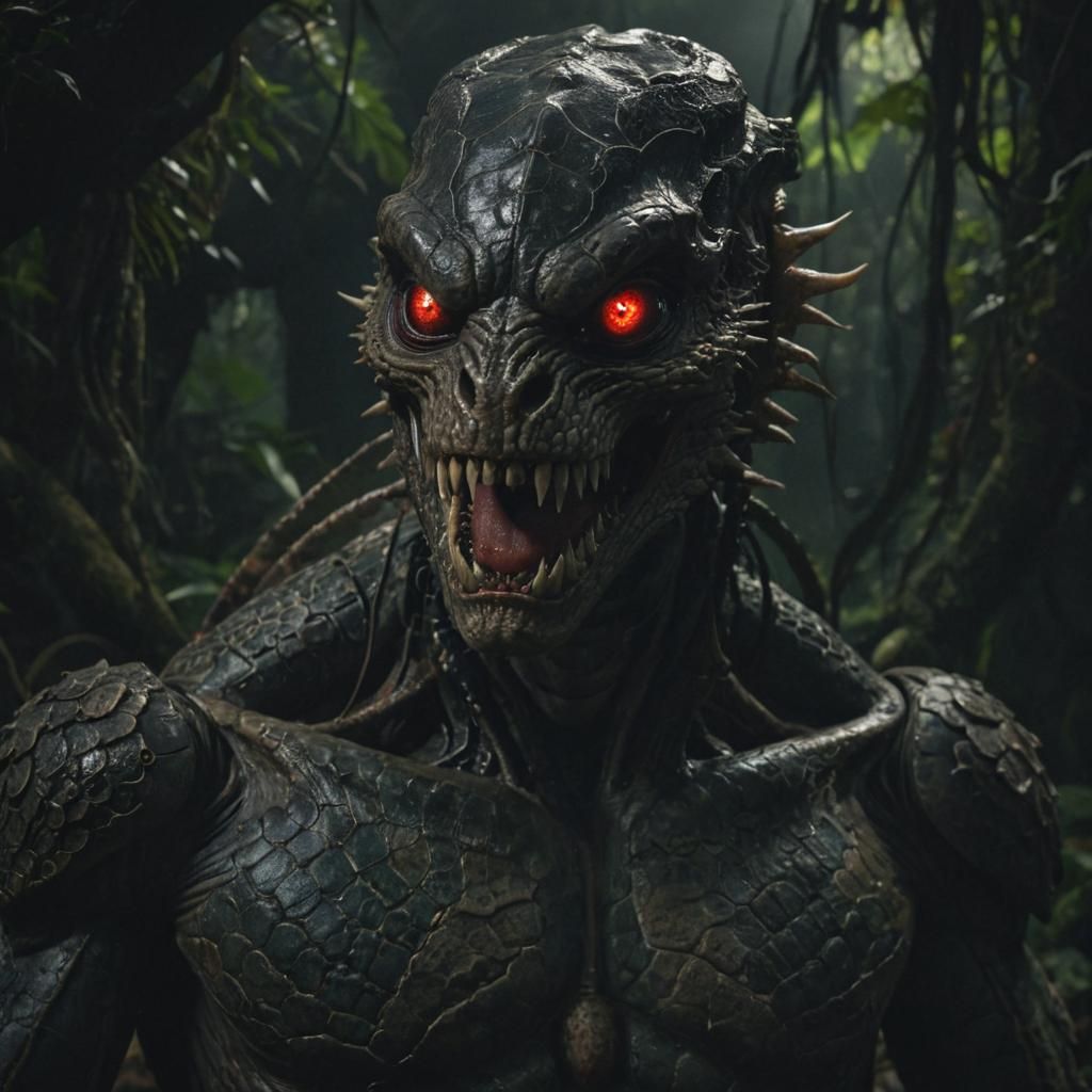 Mysterious Reptilian Man-Creature in Dim Jungle