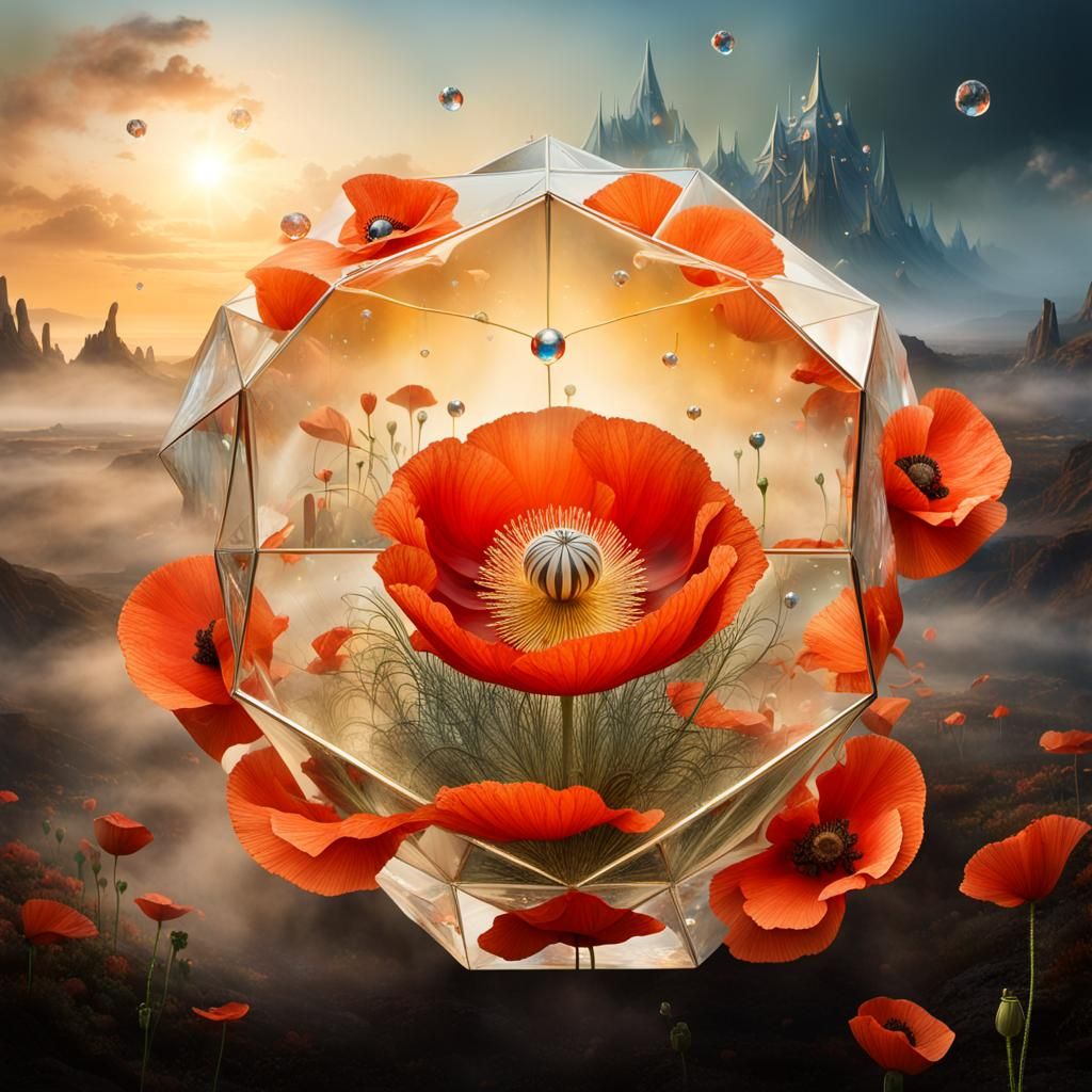 Ethereal Poppy in Crystal Dodecahedron at Sunrise