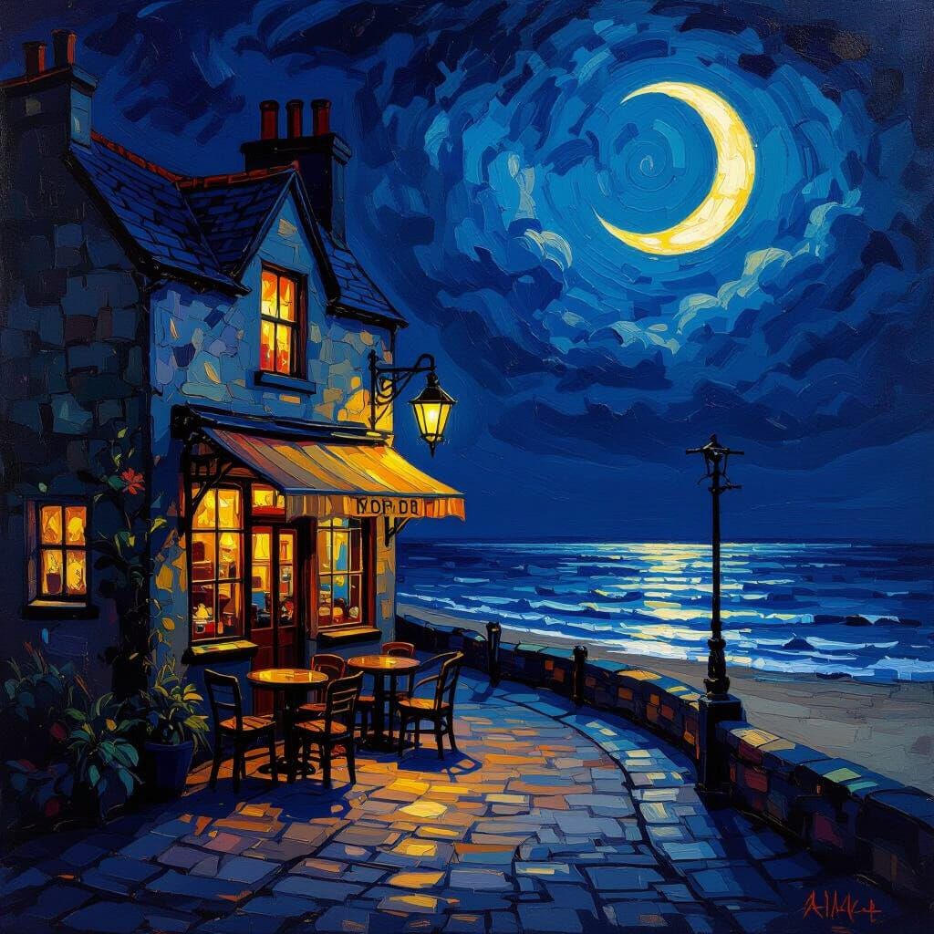 Cornish Beach Cafe Under Crescent Moon: Van Gogh Style