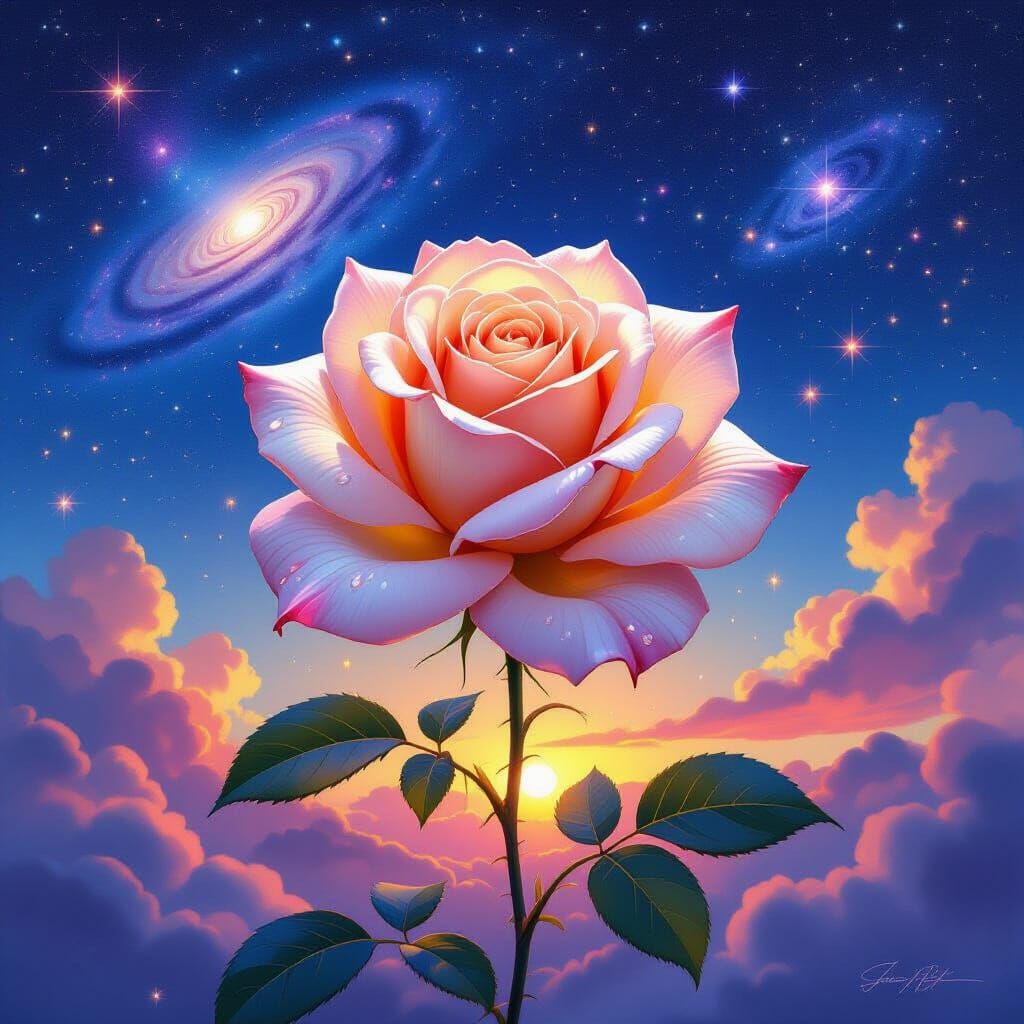 Luminous Galaxy Rose in Cosmic Watercolor Style