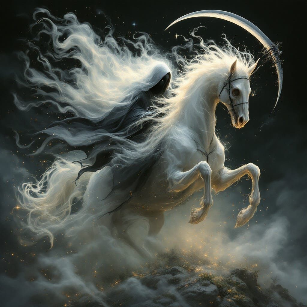 Ghostly Reaper Rides Skeletal Horse into the Abyss