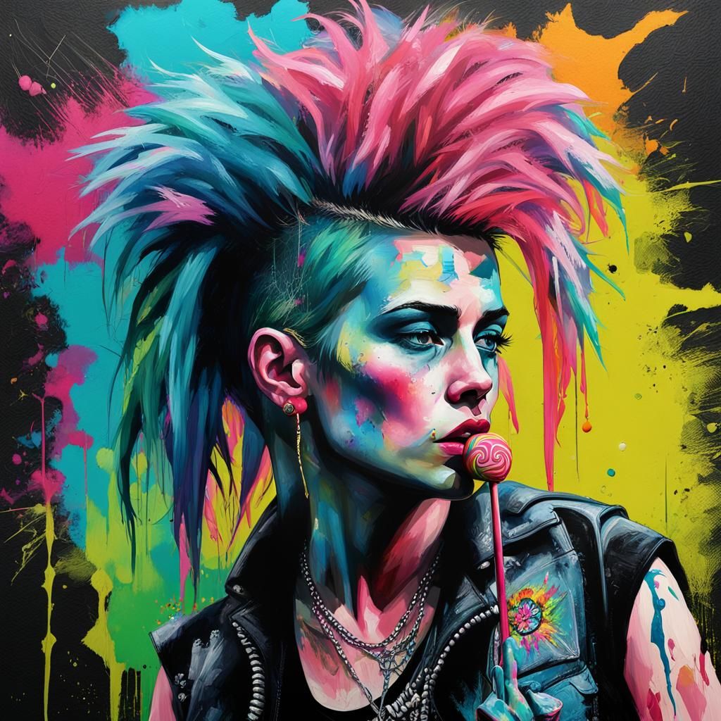 Punk Woman Portrait with Rainbow Mohawk, Impasto Style