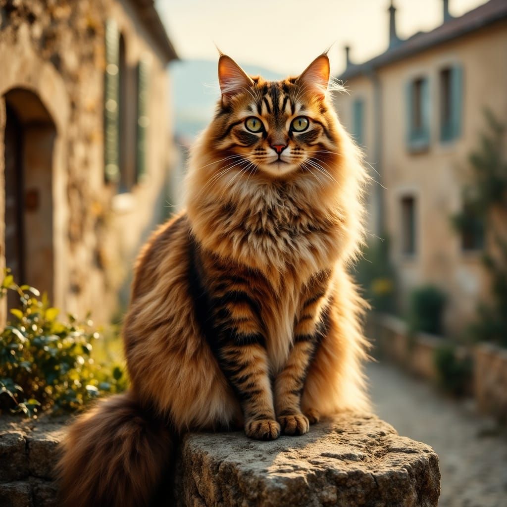 Ragdoll Cat on Stone Wall at Golden Hour