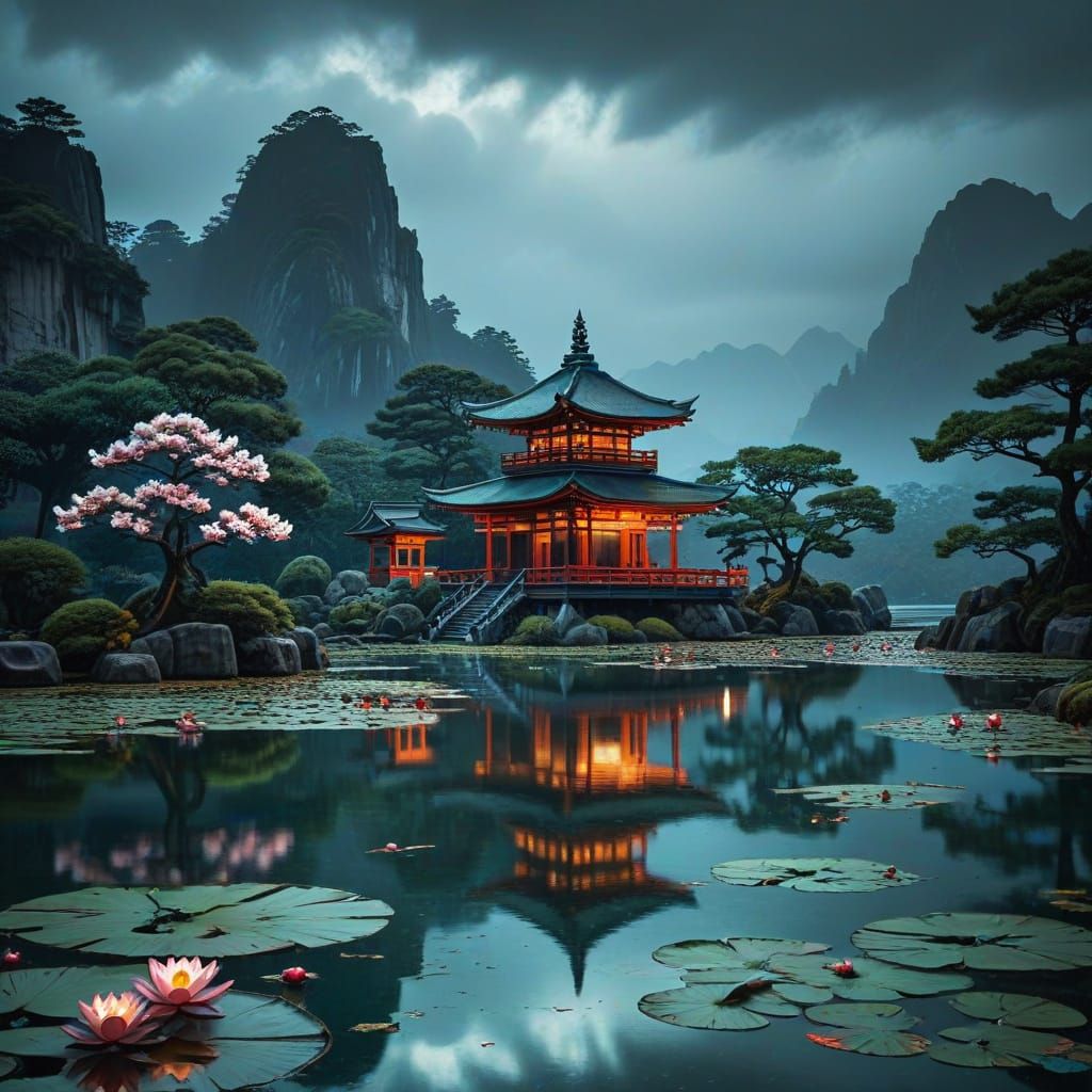 Sōsaku-hanga Style Ukimido Temple with Vibrant Lilies