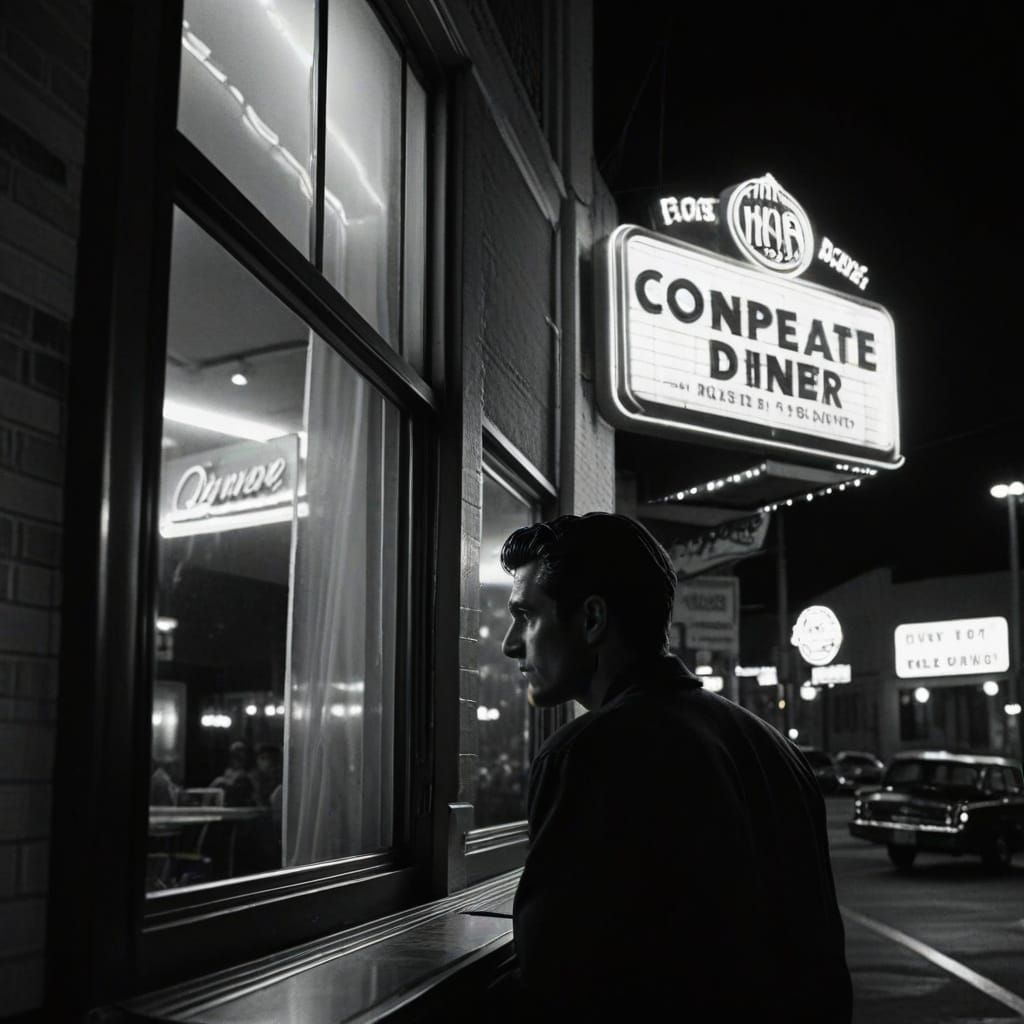 Film Noir Diner Scene with Theater Marquee
