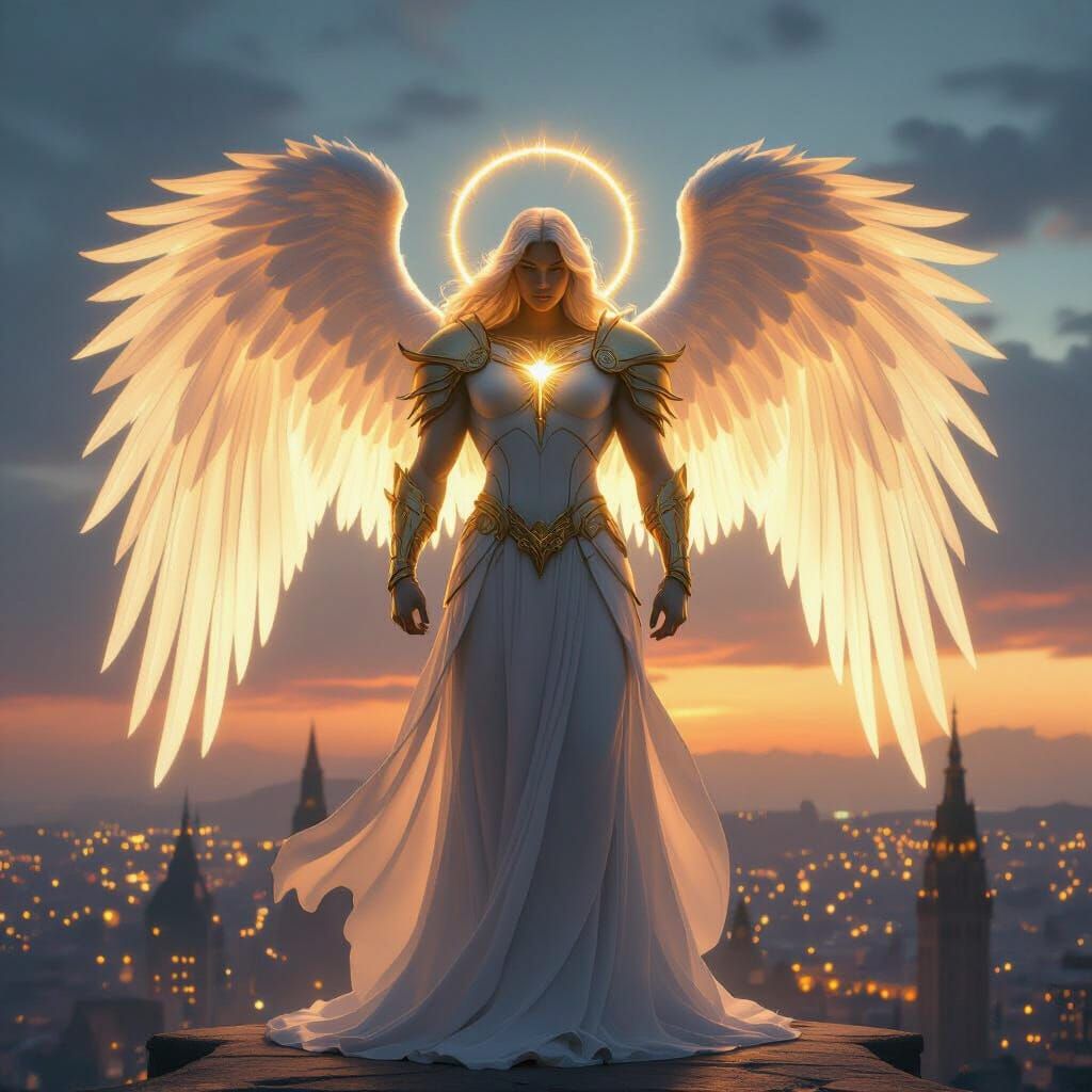 Archangel Guardian Over City at Dusk - Digital Matte Paintin...