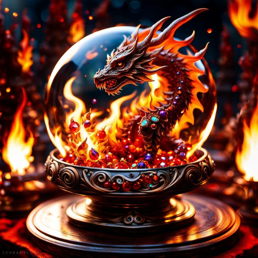 Fiery Dragon in Glass Box, High Fantasy Art