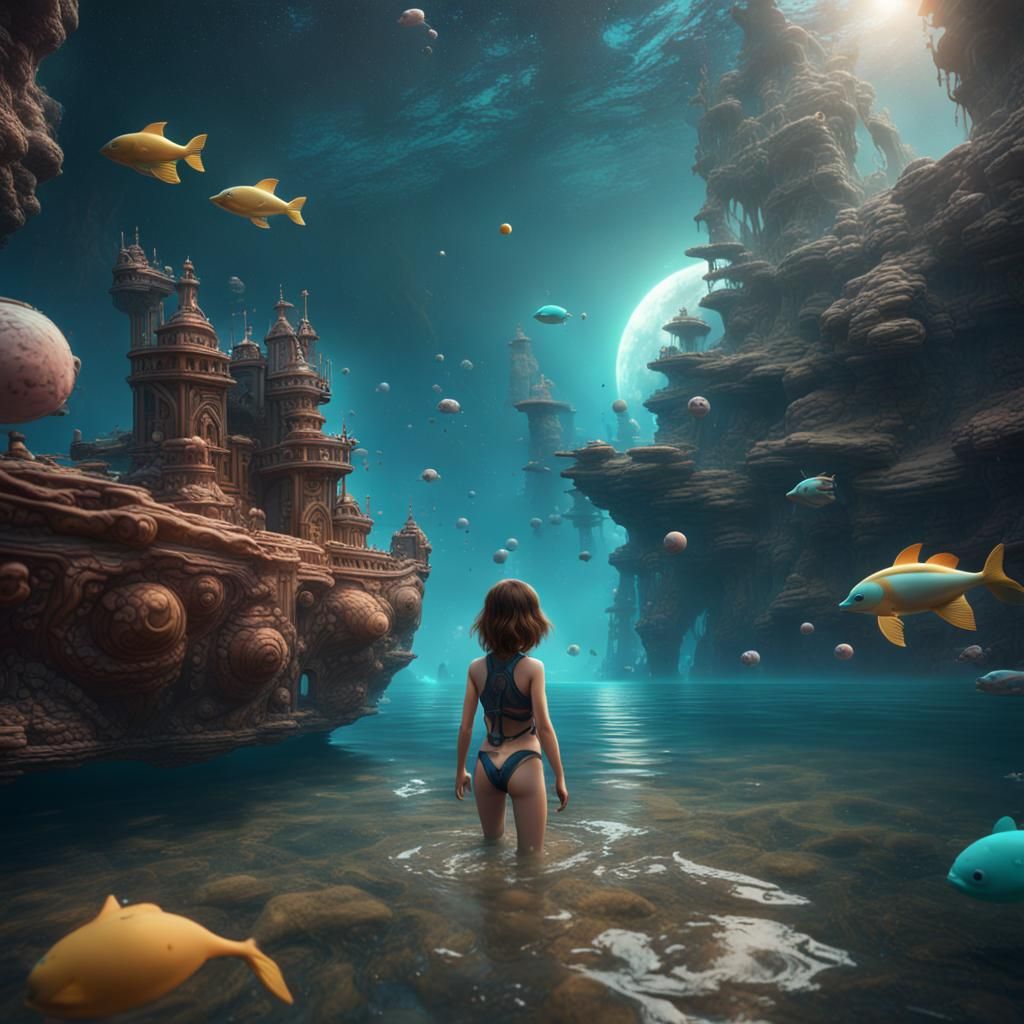 Surreal Toy in Space Above Sea, Fantasy Art
