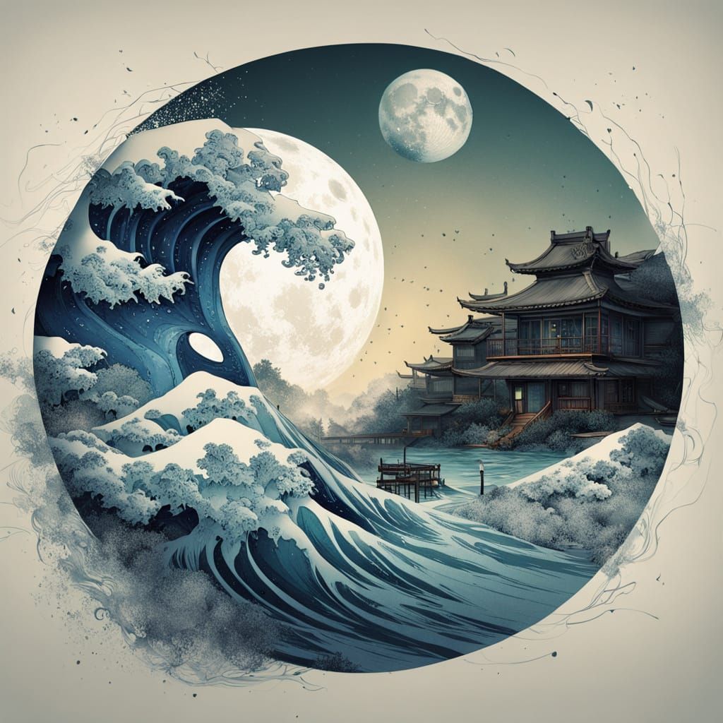 Double Exposure: Bonsai Village Ocean Wave in Sumi-e Style