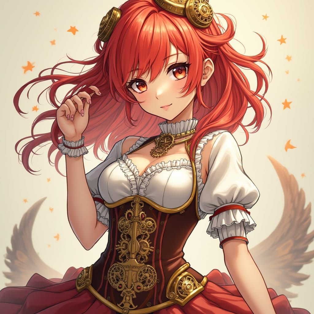 Steampunk Anime Girl with Vibrant Red Hair