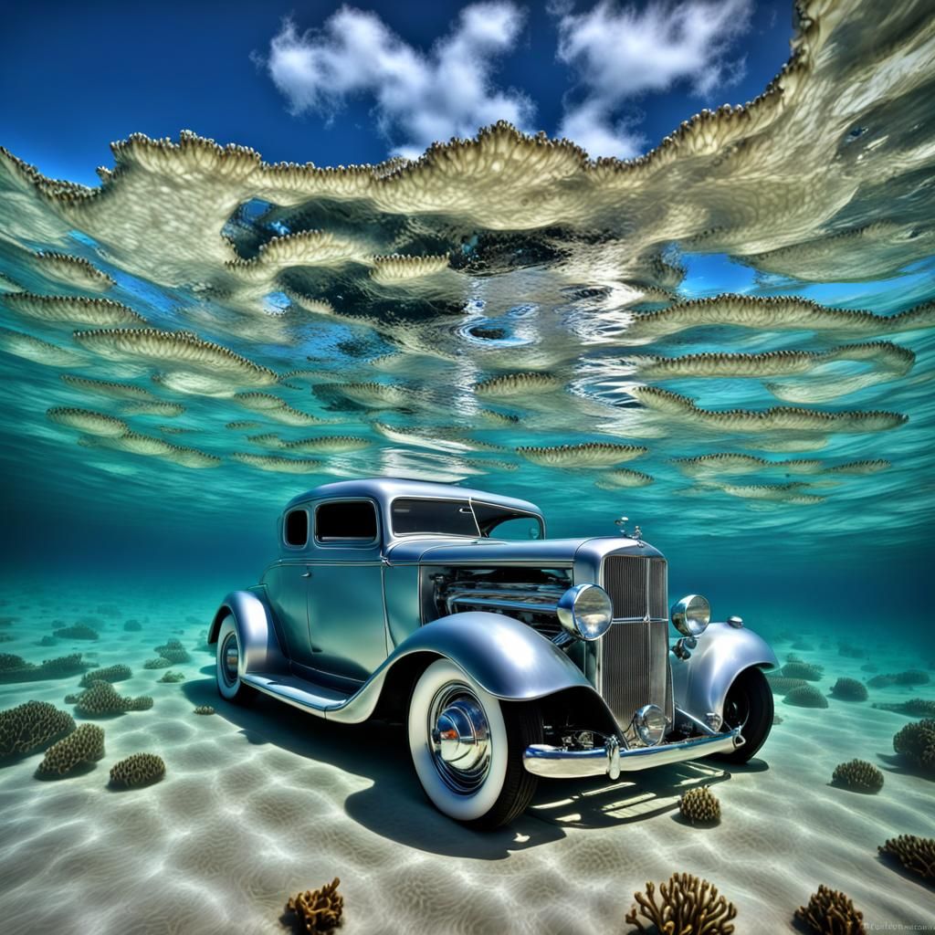 Submerged Silver Hot Rod Car in Ocean Scene