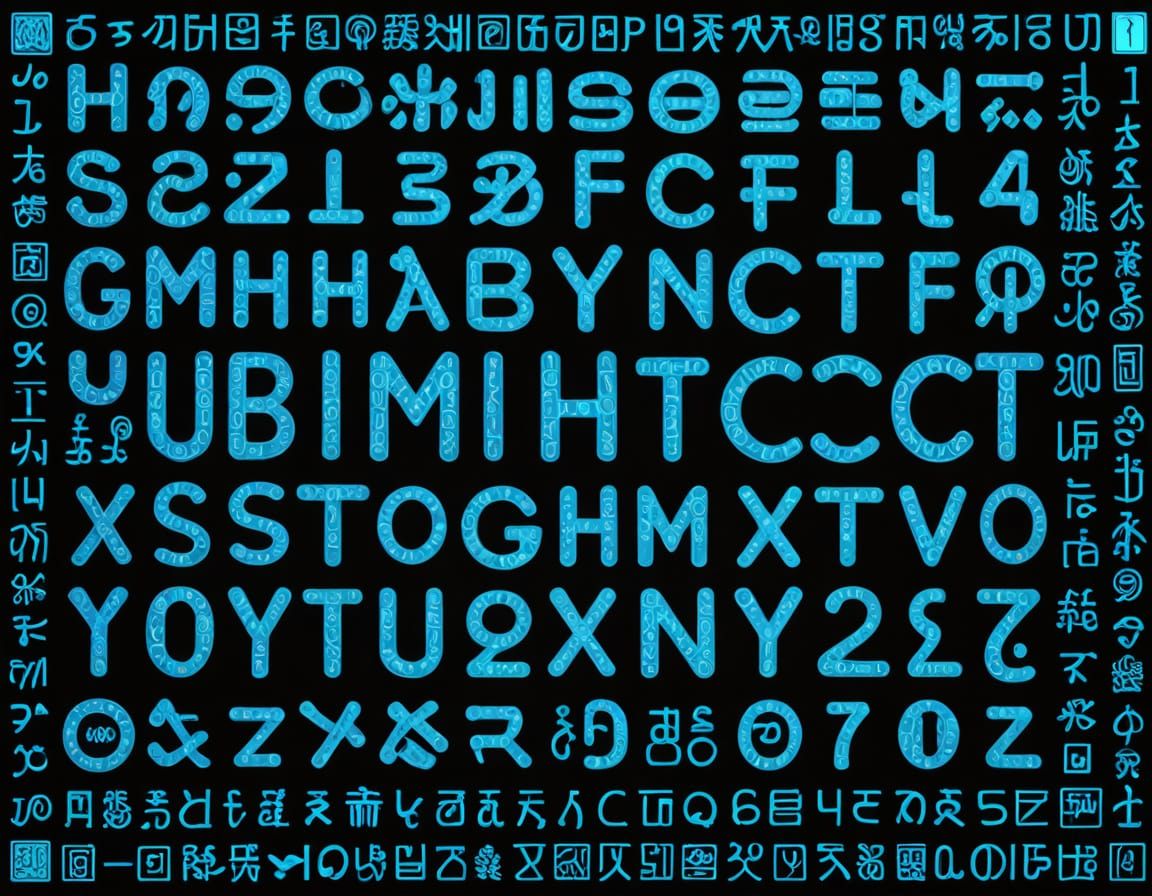 Blue Glowing Amharic Alphabet Symbols on Black Screen