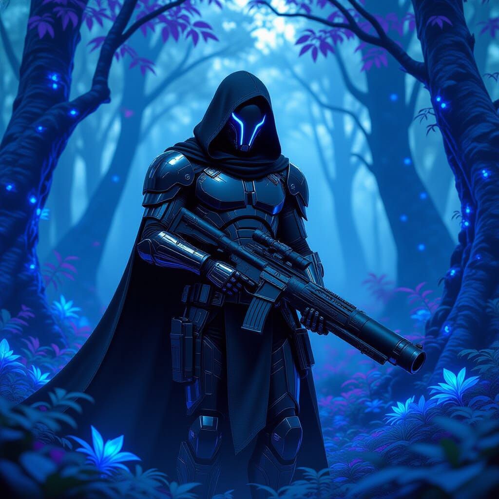 Techno Assassin in Alien Forest, Fantasy Concept Art