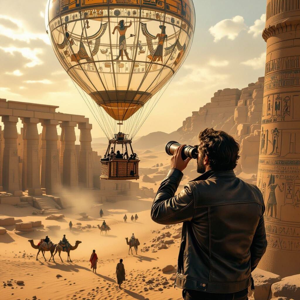Glass Hot Air Balloon Over Ancient Egypt in Graphite Style