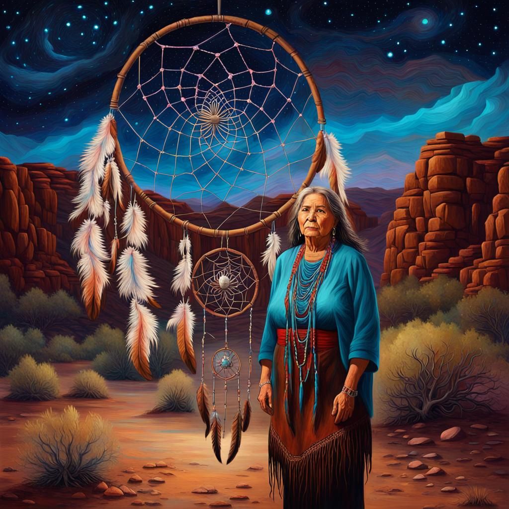 Native American Woman with Dreamcatcher: Impasto Oil Paintin...