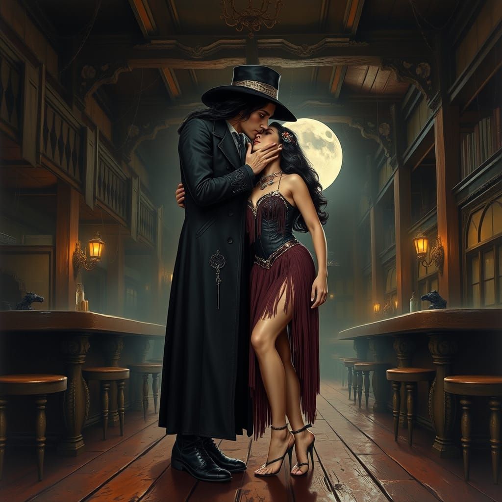 Mysterious Revolver-Lady Kisses Showgirl in Abandoned Saloon