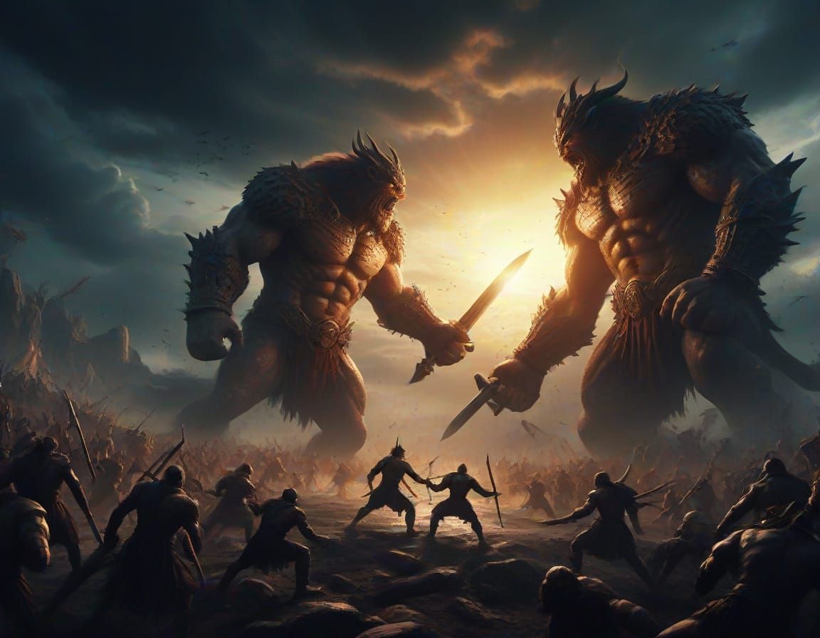 Epic Battle: Giants vs Gods in Digital Matte Painting