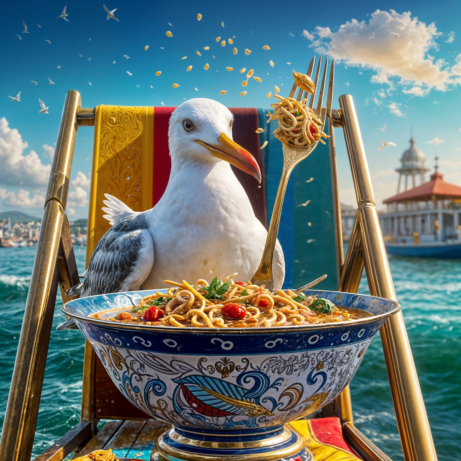 Seagull's Seaside Lunch: Hyperrealistic Splash Art