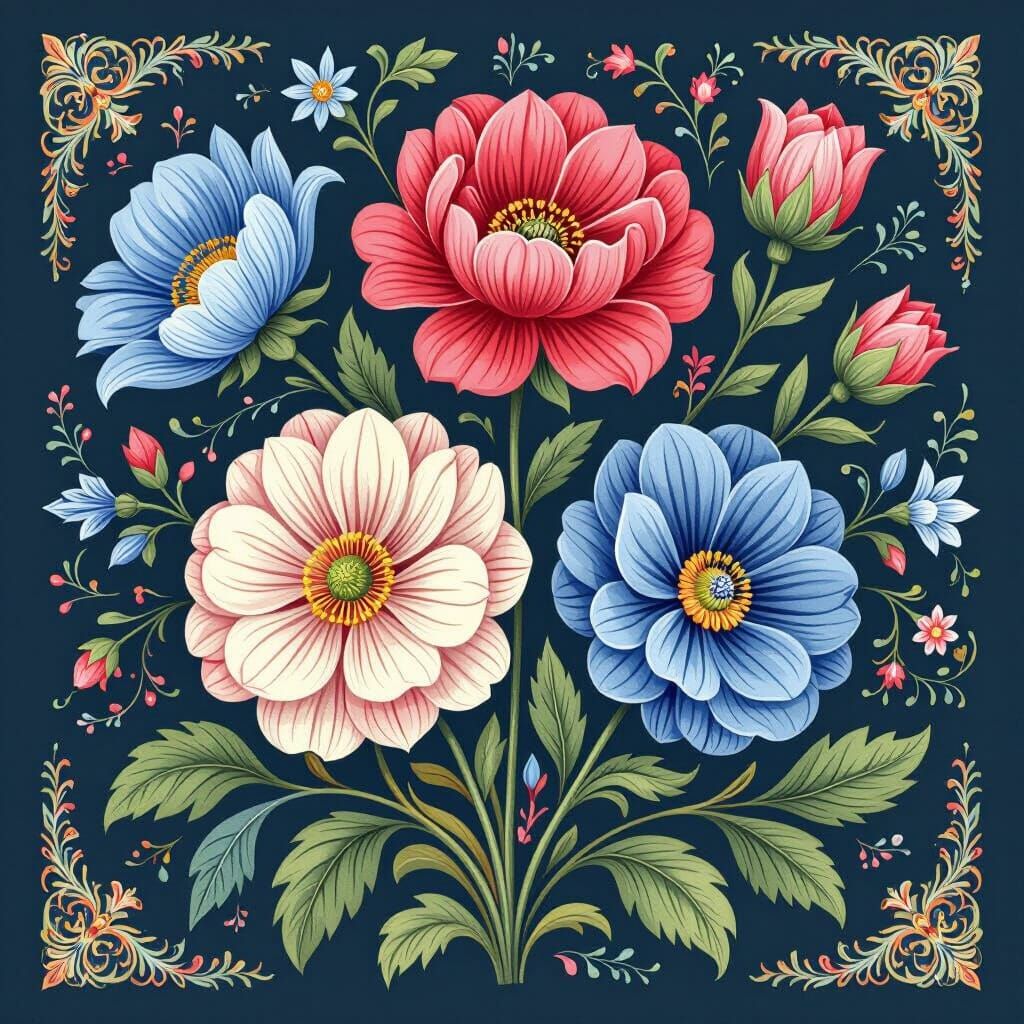 Vibrant Floral Illustration in Wedgwood Style