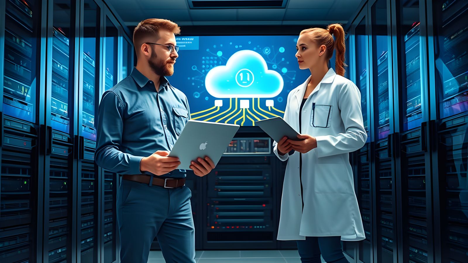 IT Professionals Discussing Cloud Servers in Data Center