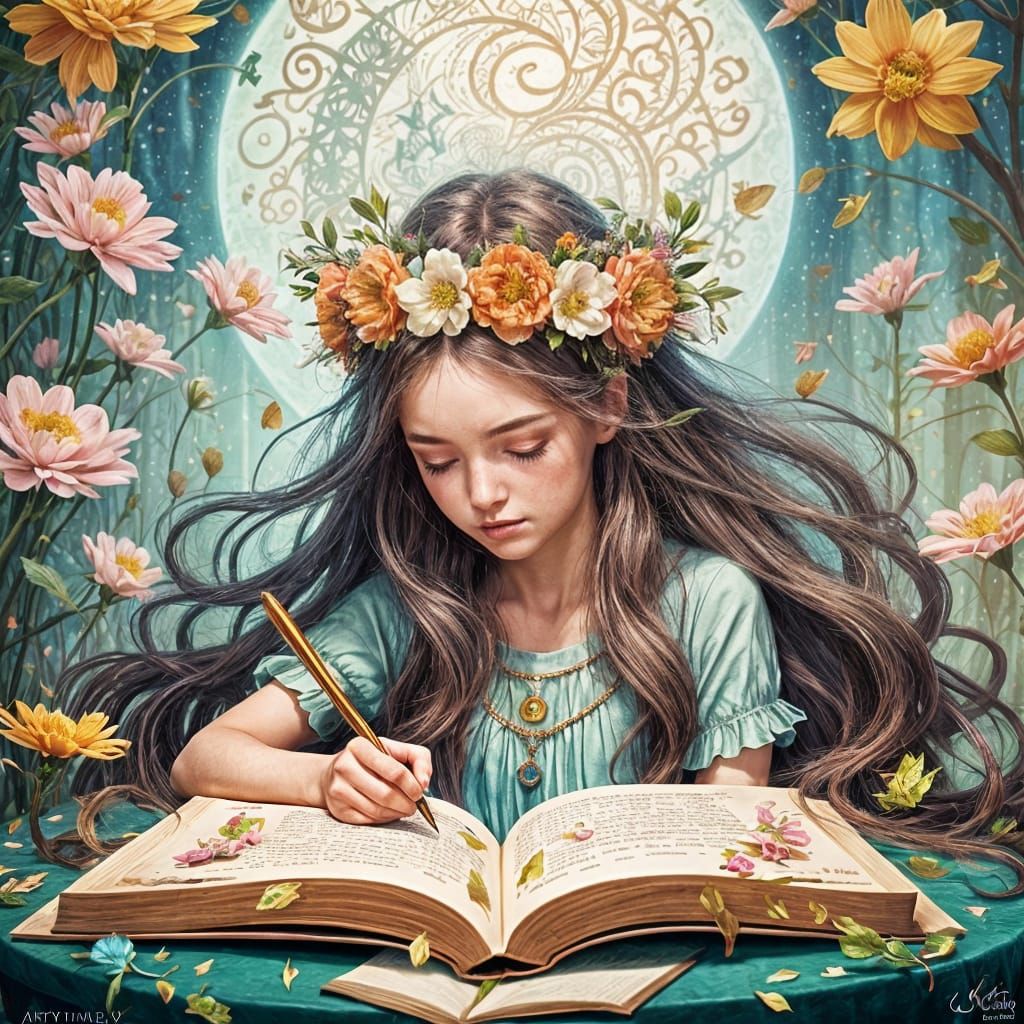 Girl with Flower Crown Writes in Book