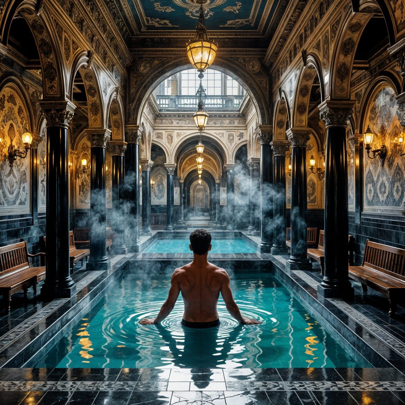 Surreal Bathhouse Interior with Steam and Shadowy Figures