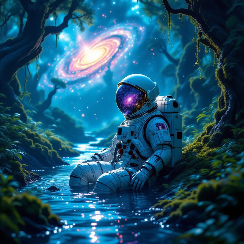 Astronaut Lost in Bioluminescent Alien Nebula