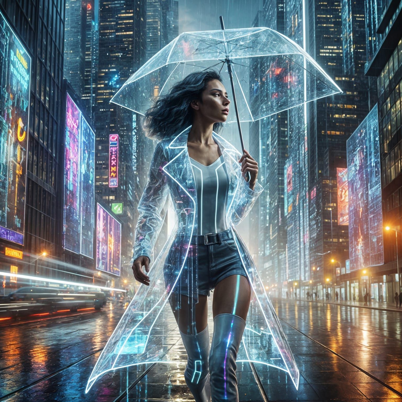 Cyberpunk Latina in Luminescent Binary Rainwear